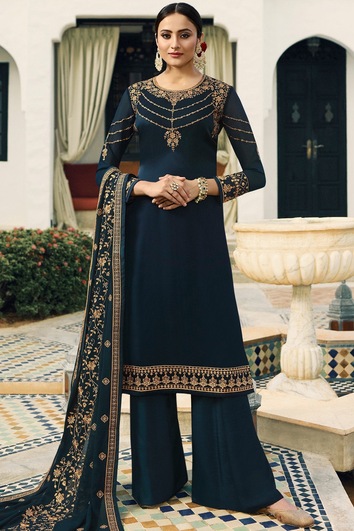Blue Satin Georgette Partywear Palazzo Suit