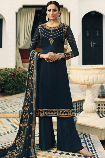 Blue Satin Georgette Partywear Palazzo Suit