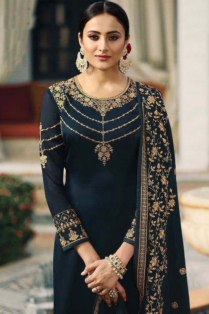 Blue Satin Georgette Partywear Palazzo Suit