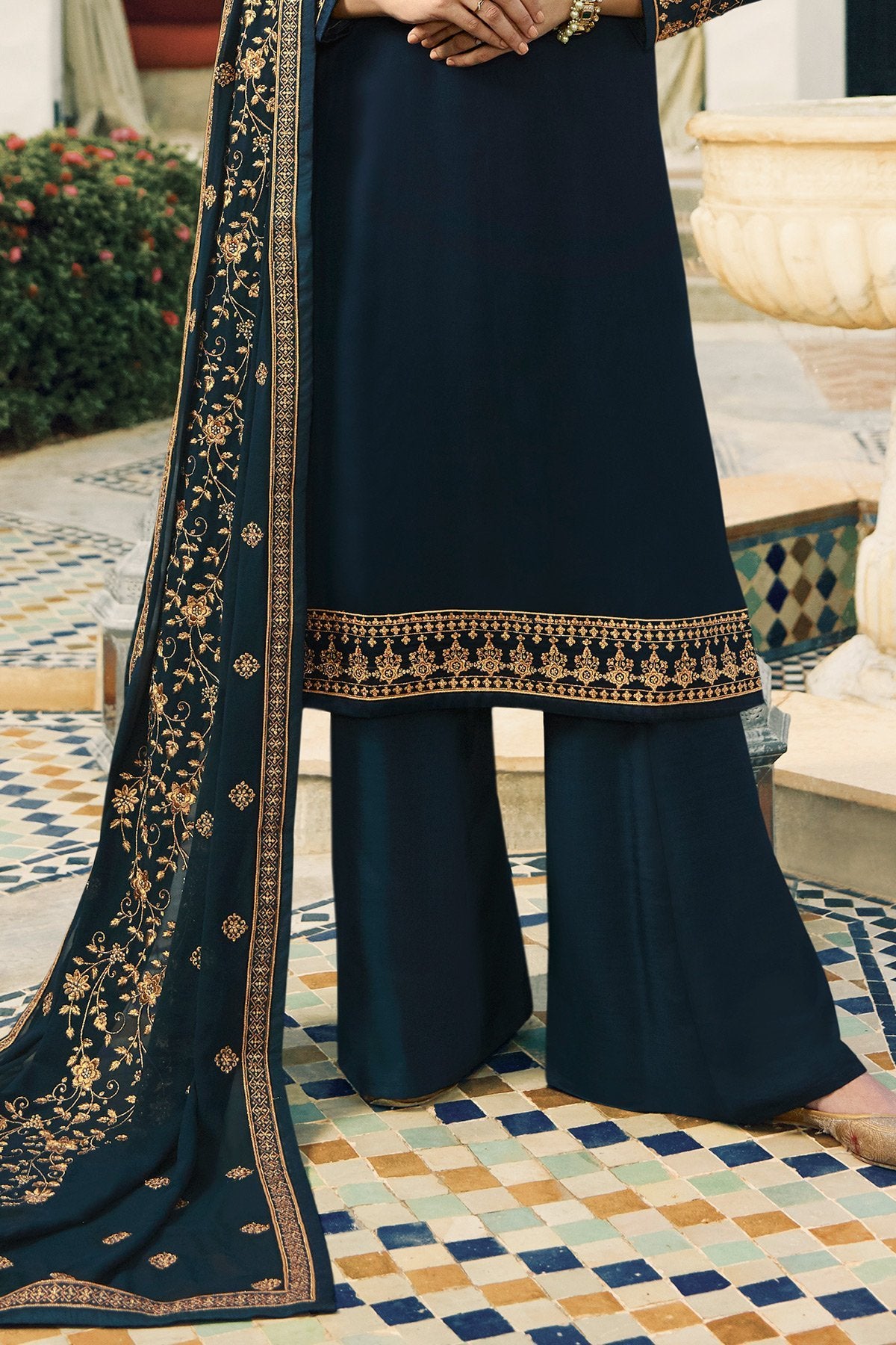 Blue Satin Georgette Partywear Palazzo Suit