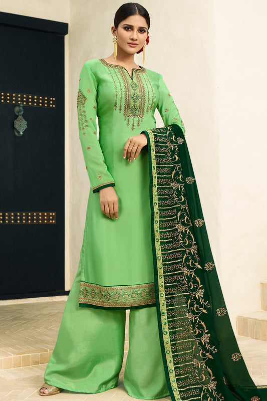 Mint Green Satin Georgette Partywear Palazzo Suit