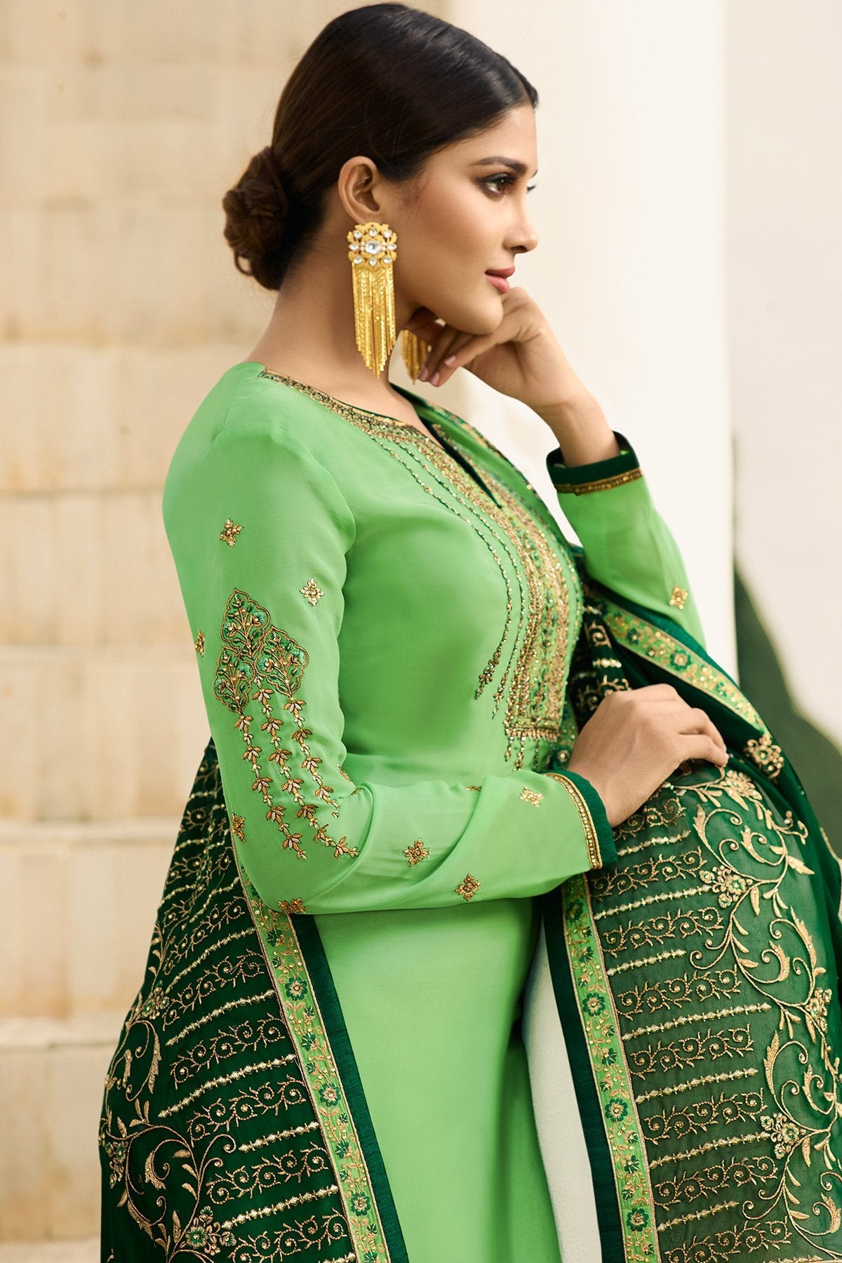 Mint Green Satin Georgette Partywear Palazzo Suit