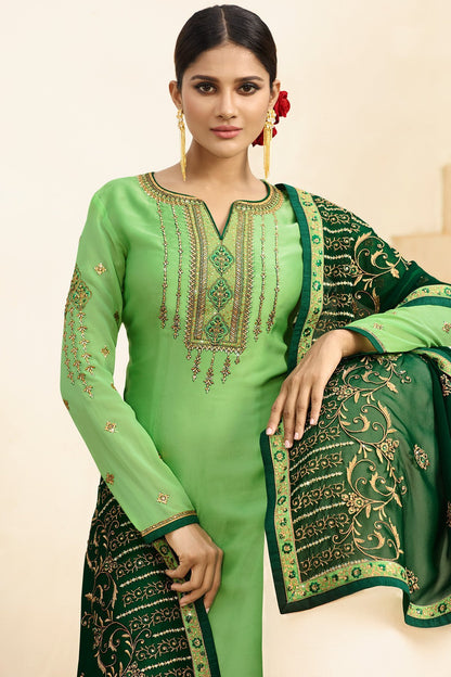 Mint Green Satin Georgette Partywear Palazzo Suit