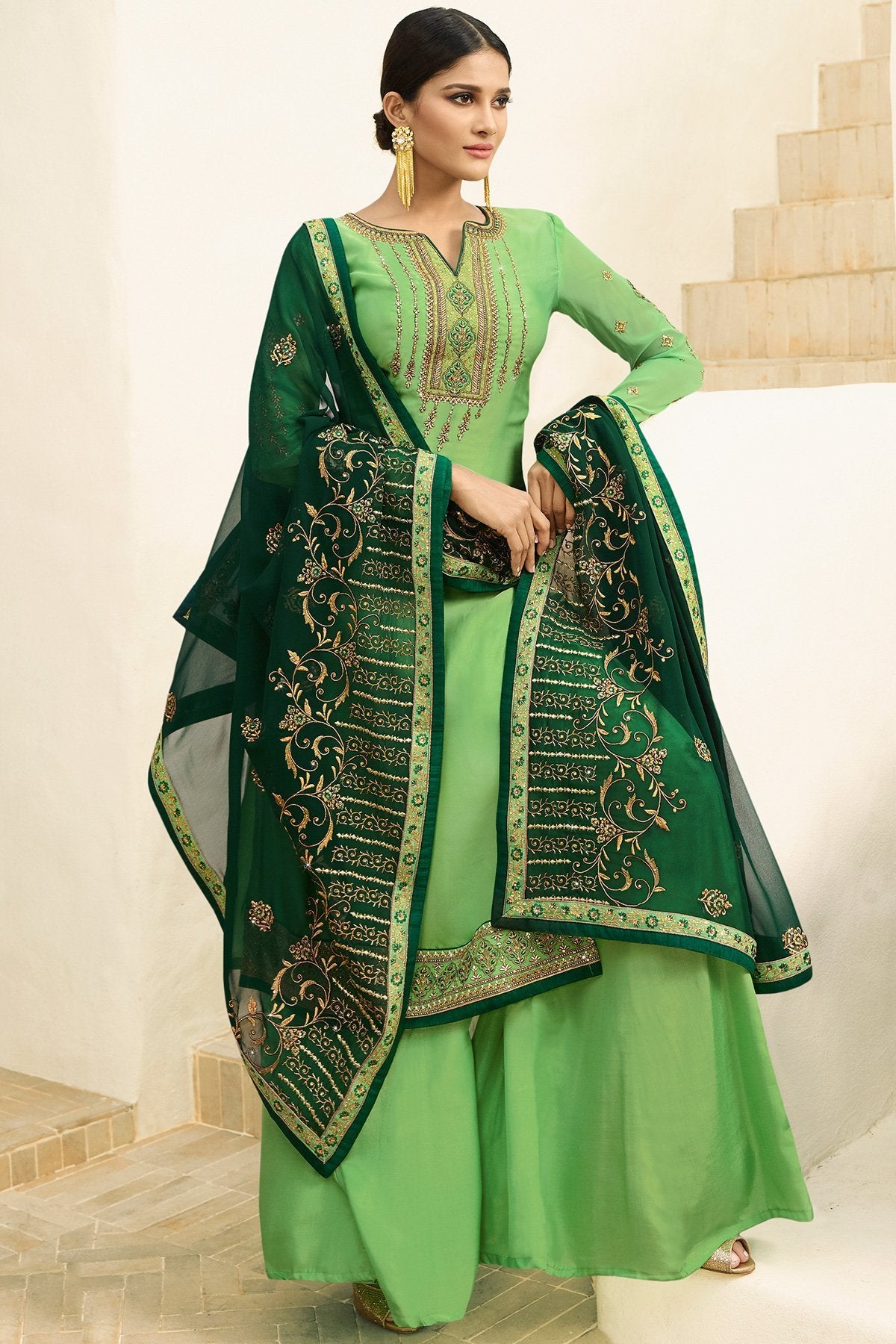 Mint Green Satin Georgette Partywear Palazzo Suit