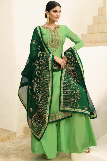 Mint Green Satin Georgette Partywear Palazzo Suit