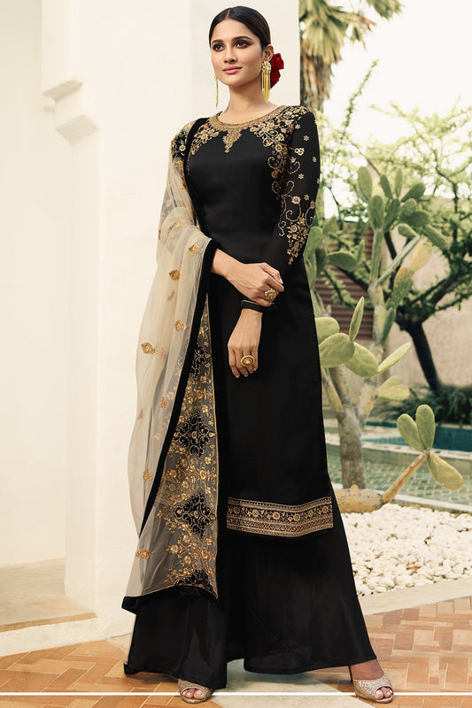 Midnight Black Satin Georgette Partywear Palazzo Suit
