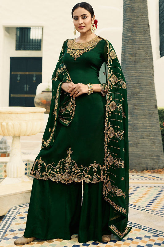 Green Satin Georgette Partywear Palazzo Suit