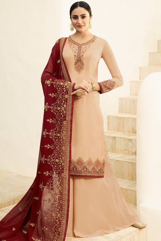 Peach Satin Georgette Partywear Palazzo Suit