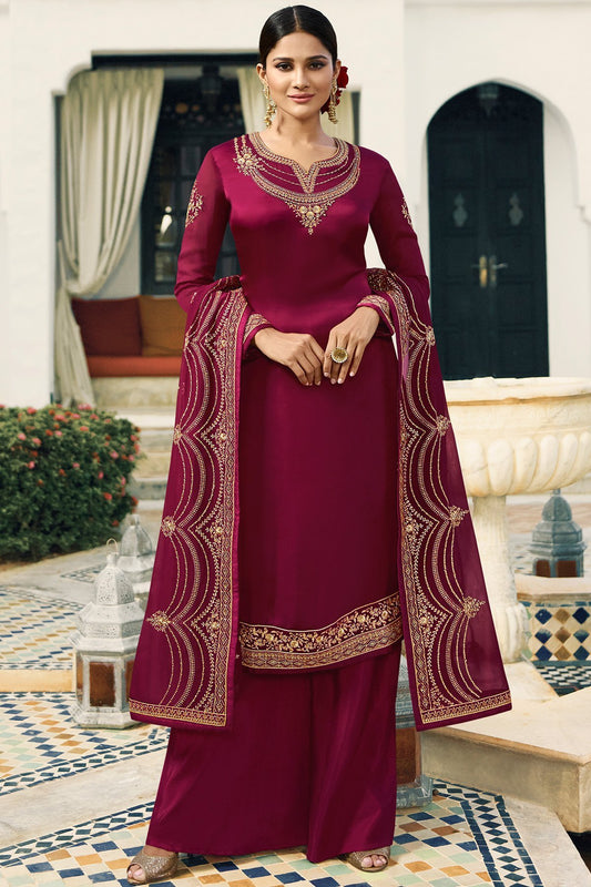 Mulberry Satin Georgette Partywear Palazzo Suit