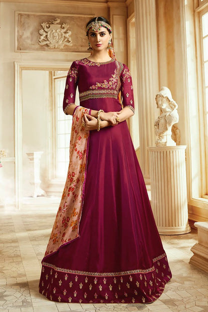 Maroon and Pink Barfi Silk Party wear Anarkali Suit