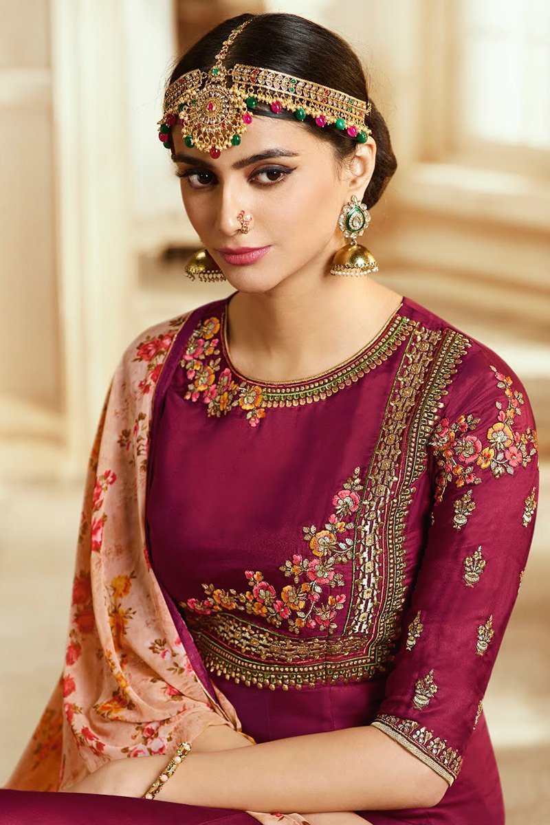 Maroon and Pink Barfi Silk Party wear Anarkali Suit