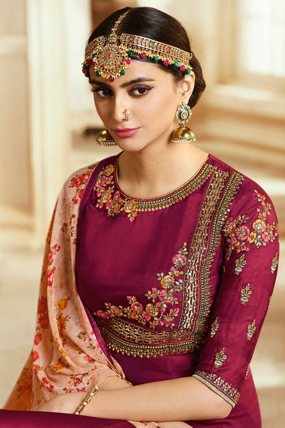Maroon and Pink Barfi Silk Party wear Anarkali Suit