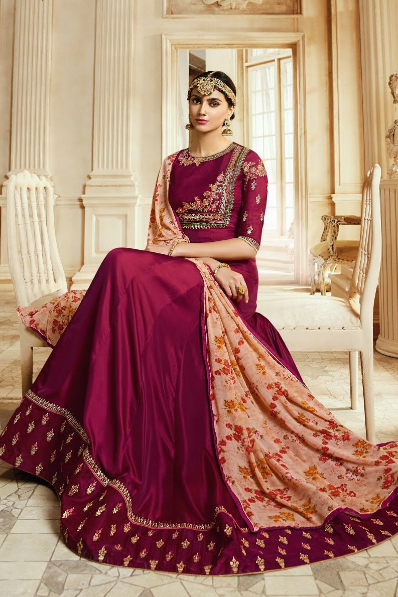 Maroon and Pink Barfi Silk Party wear Anarkali Suit
