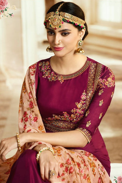 Maroon and Pink Barfi Silk Party wear Anarkali Suit