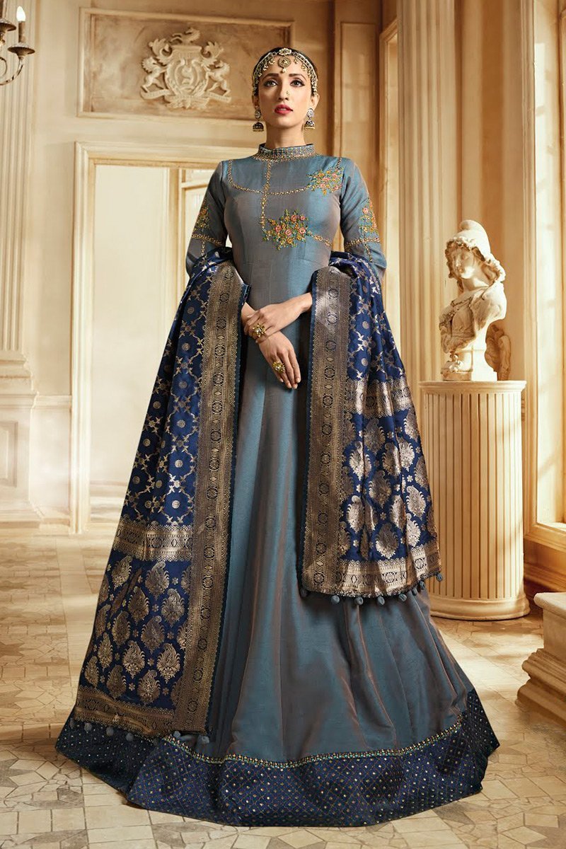 Slate Gray and Blue Barfi Silk Party wear Anarkali suit