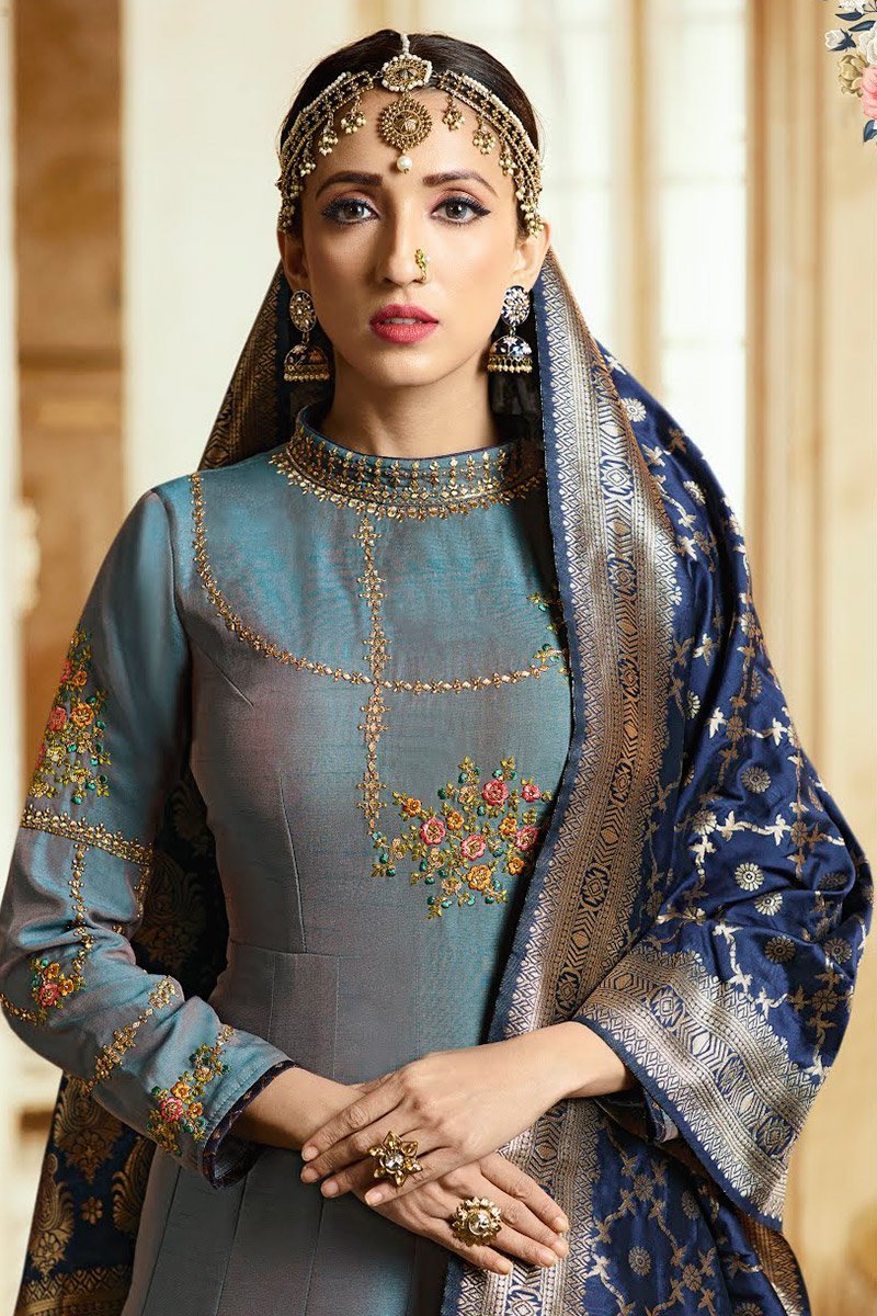 Slate Gray and Blue Barfi Silk Party wear Anarkali suit