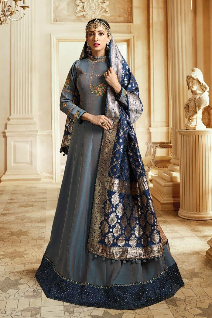 Slate Gray and Blue Barfi Silk Party wear Anarkali suit