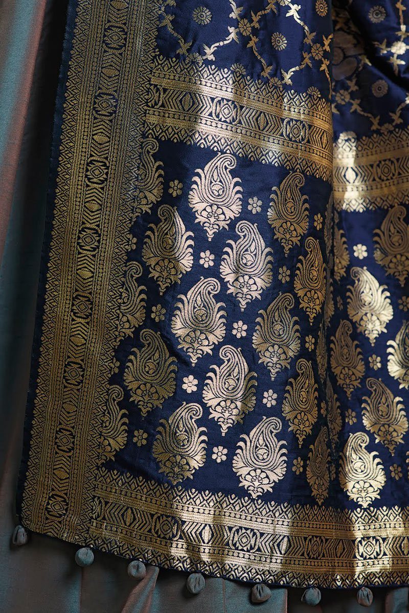 Slate Gray and Blue Barfi Silk Party wear Anarkali suit