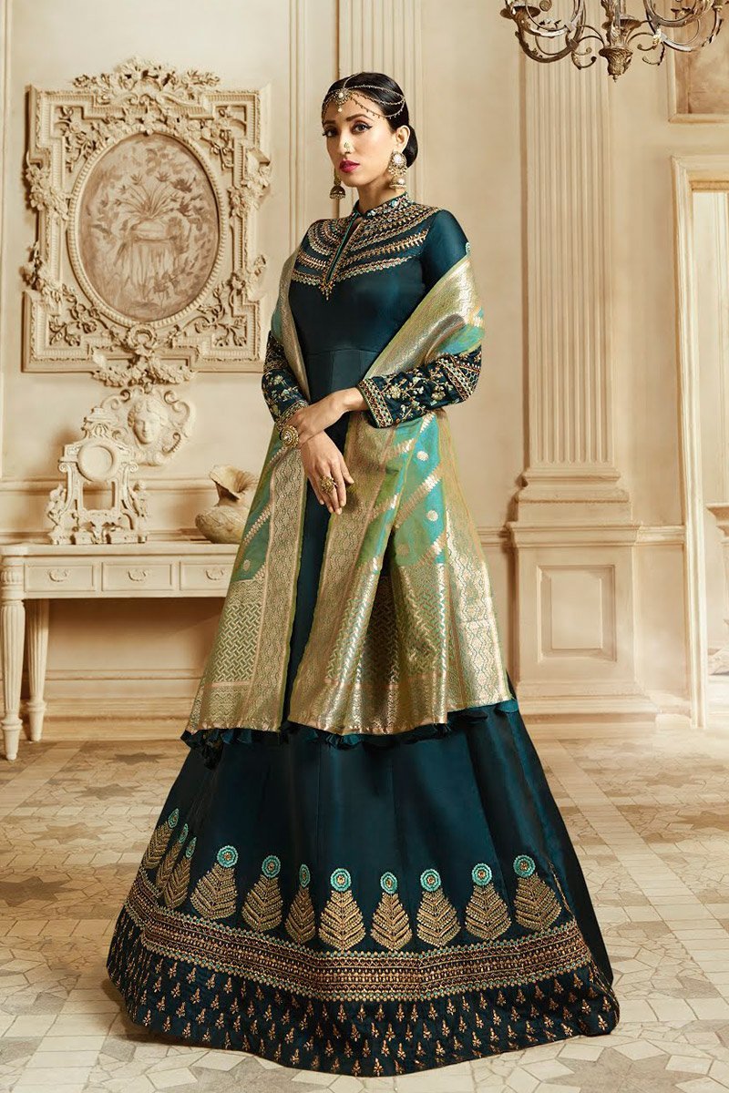 Navy Blue and Mint Green Barfi Silk Party wear Anarkali Suit