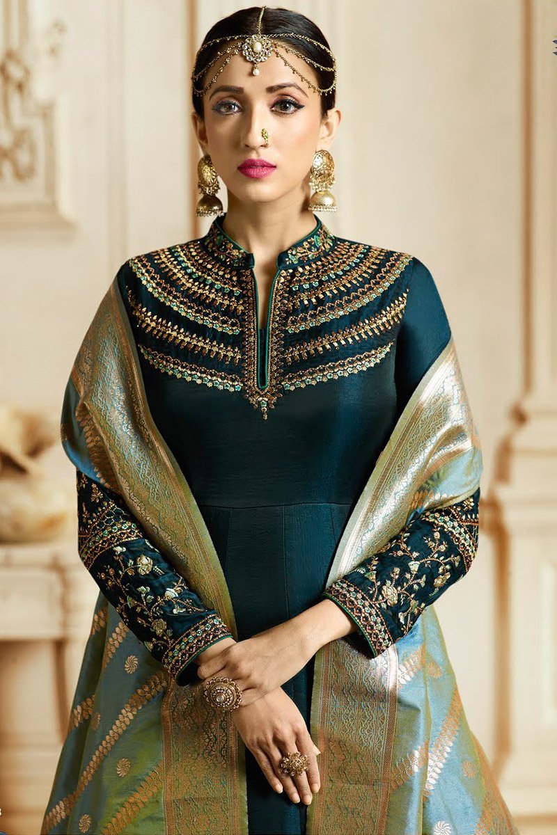 Navy Blue and Mint Green Barfi Silk Party wear Anarkali Suit