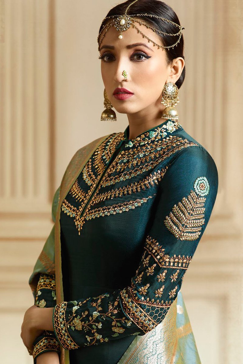 Navy Blue and Mint Green Barfi Silk Party wear Anarkali Suit