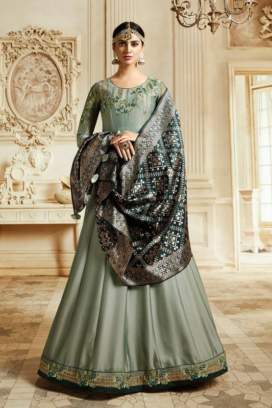 Silver Gray and Navy Blue Crystak Georgette Party wear Anarkali Suit