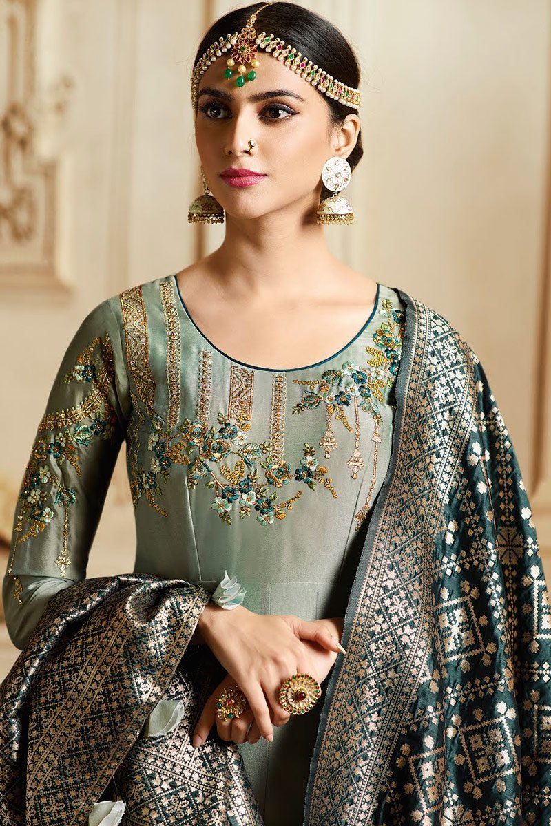Silver Gray and Navy Blue Crystak Georgette Party wear Anarkali Suit