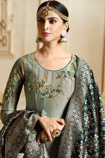 Silver Gray and Navy Blue Crystak Georgette Party wear Anarkali Suit