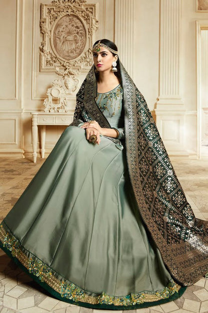 Silver Gray and Navy Blue Crystak Georgette Party wear Anarkali Suit