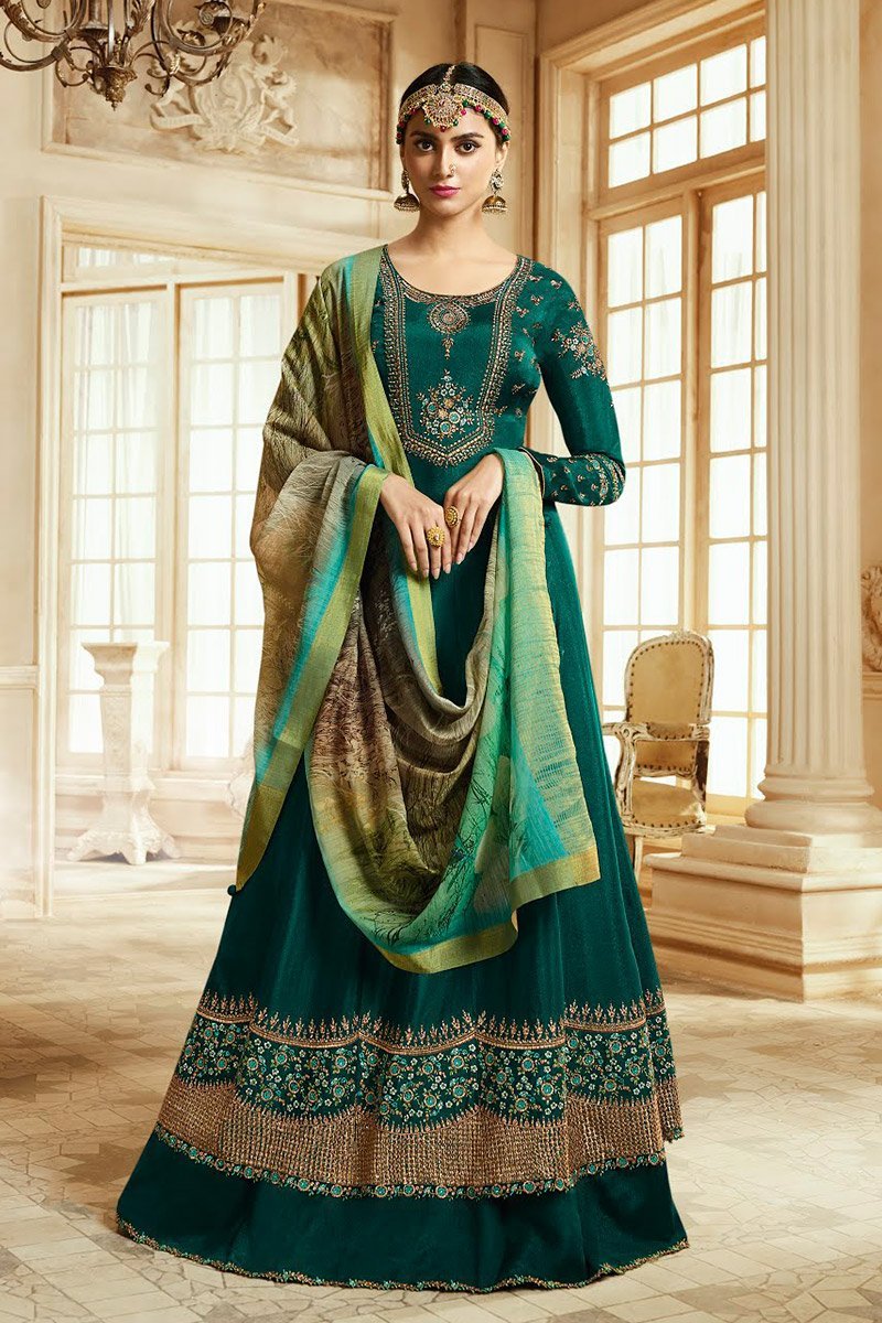 Sea Green and Mint green Barfi Silk Party wear Anarkali suit