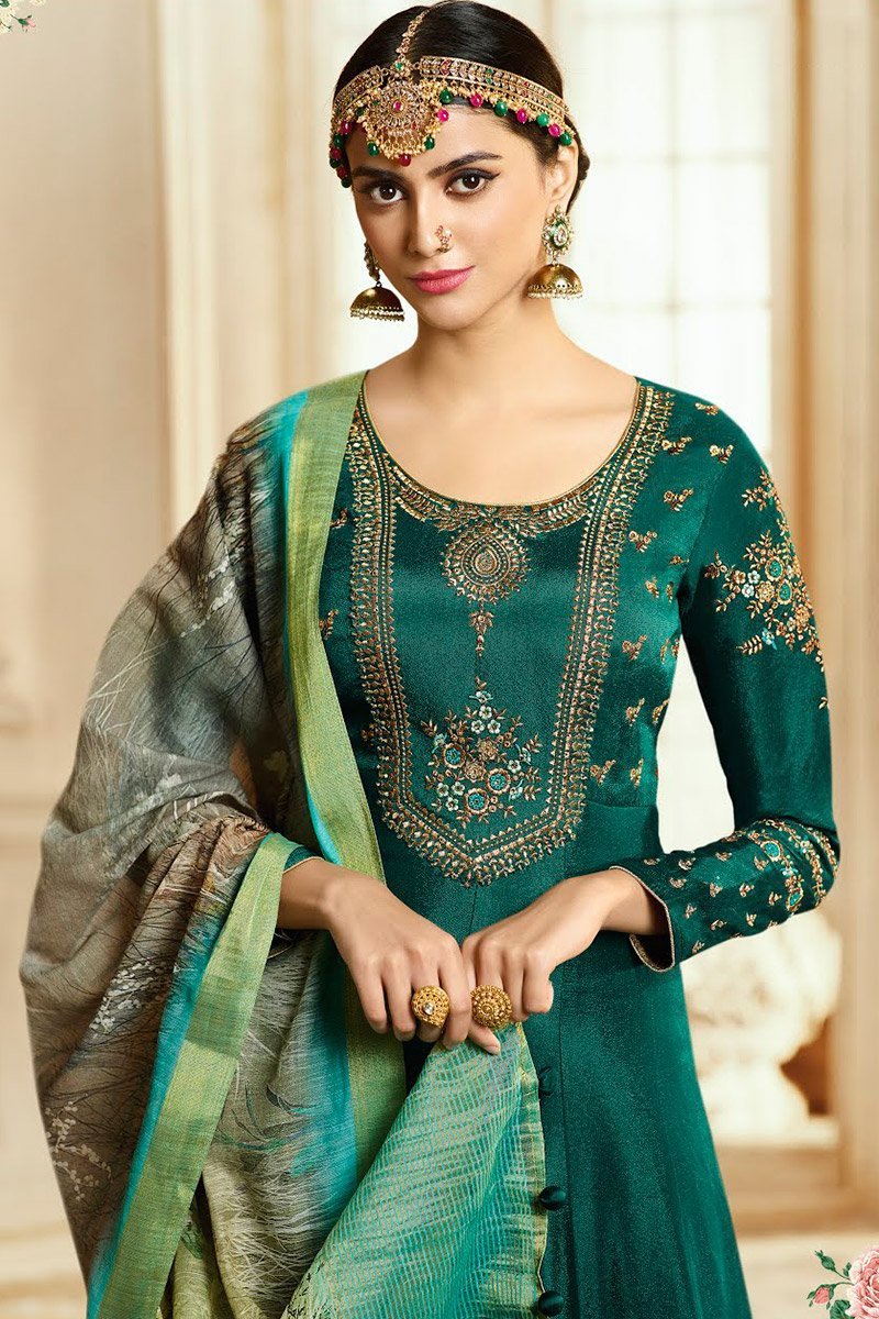 Sea Green and Mint green Barfi Silk Party wear Anarkali suit