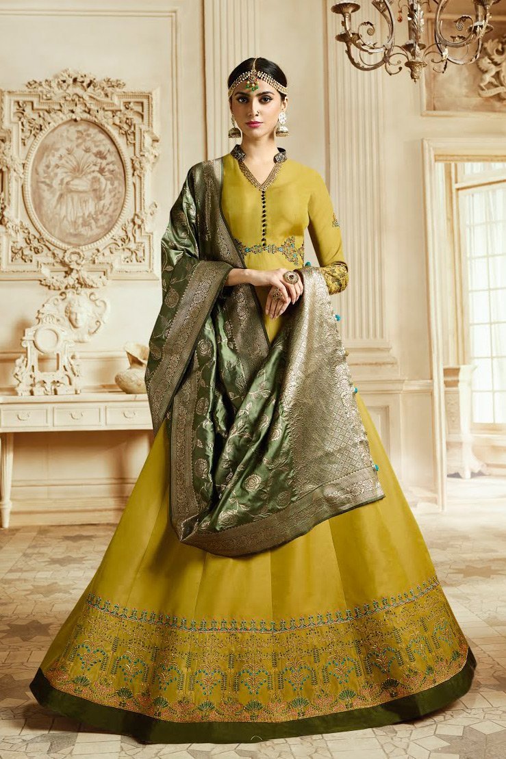 Saffron and Silver Gray Barfi Silk Party Wear Anarkali Suit