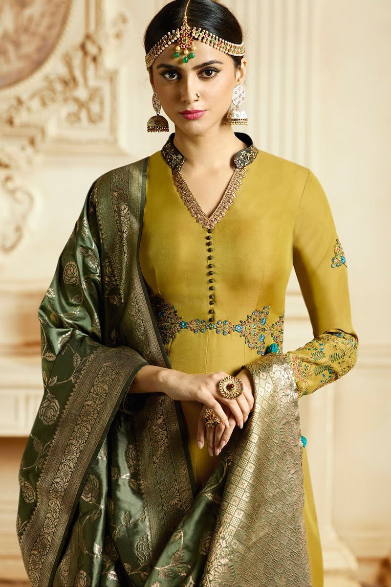 Saffron and Silver Gray Barfi Silk Party Wear Anarkali Suit