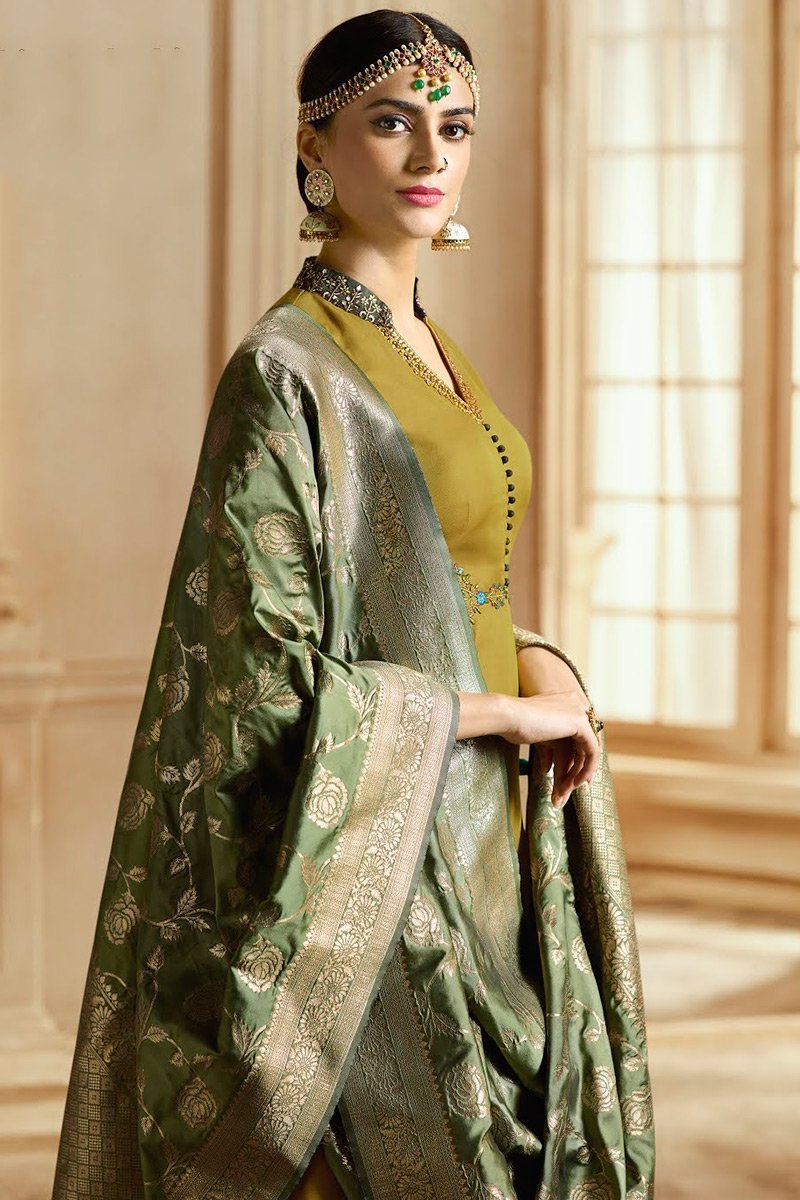 Saffron and Silver Gray Barfi Silk Party Wear Anarkali Suit