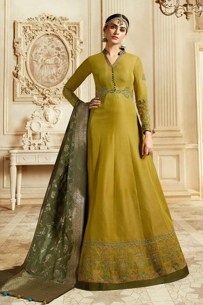 Saffron and Silver Gray Barfi Silk Party Wear Anarkali Suit
